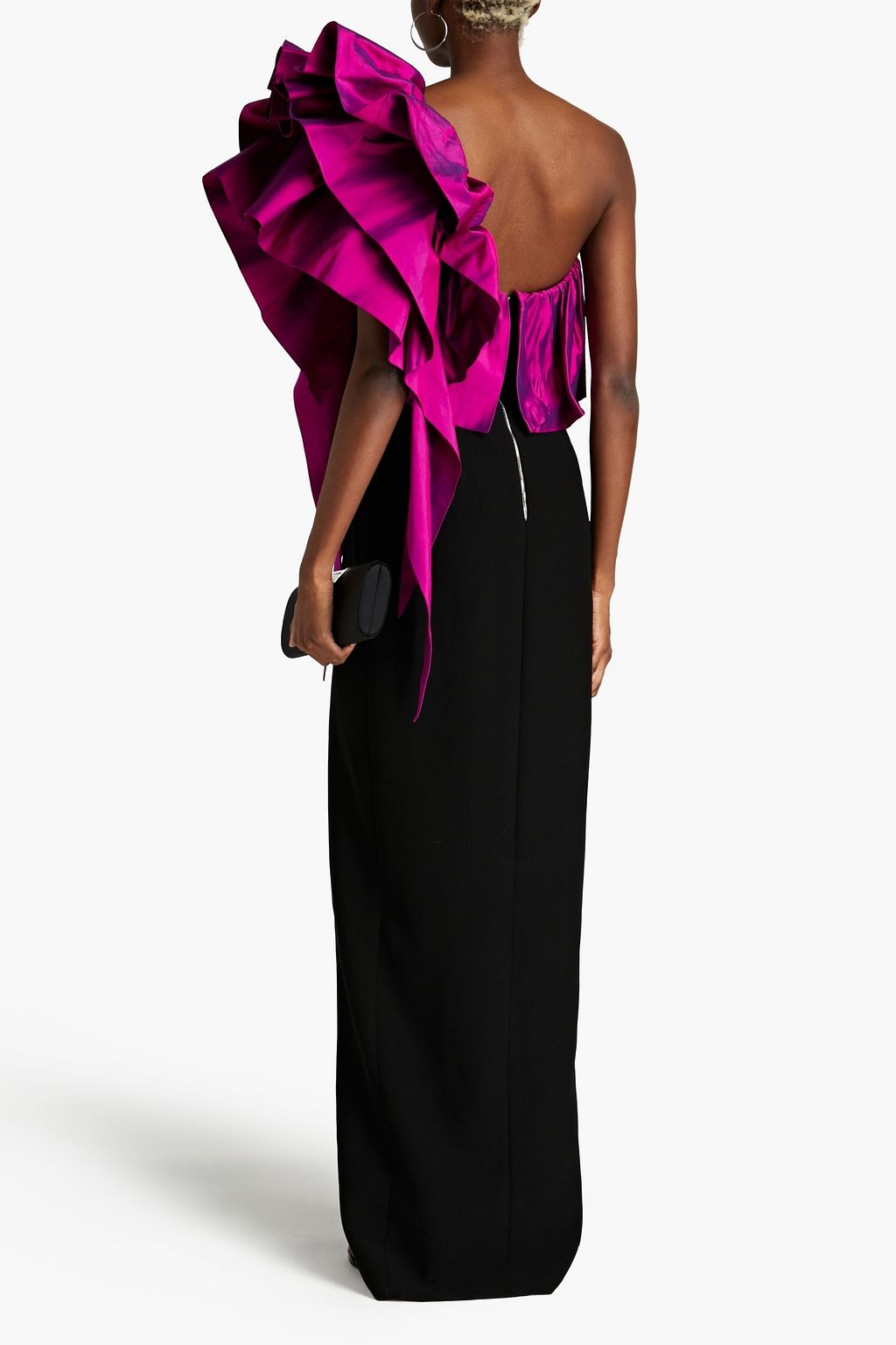RASARIO One-shoulder shantung-paneled ruffled crepe gown