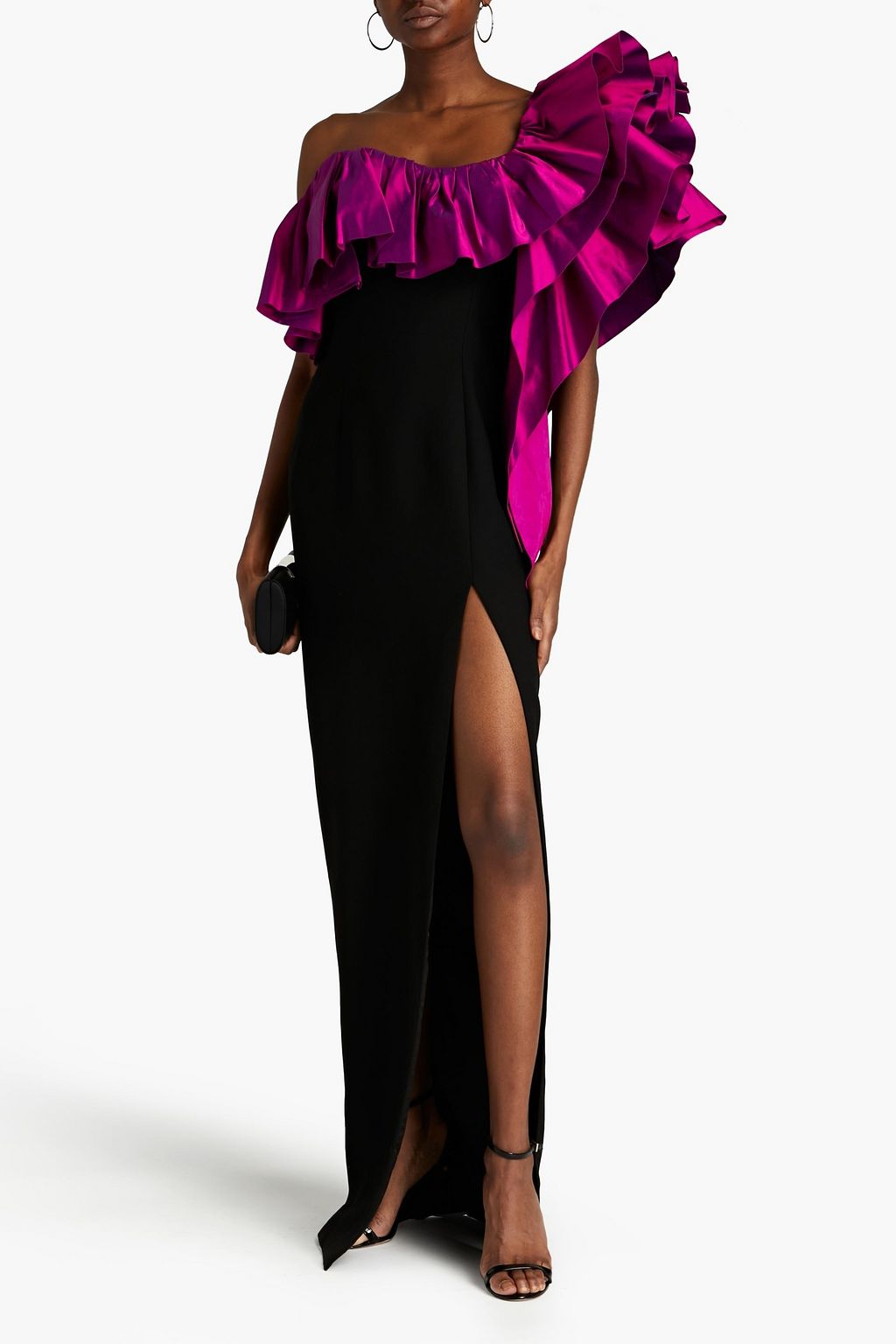 RASARIO One-shoulder shantung-paneled ruffled crepe gown