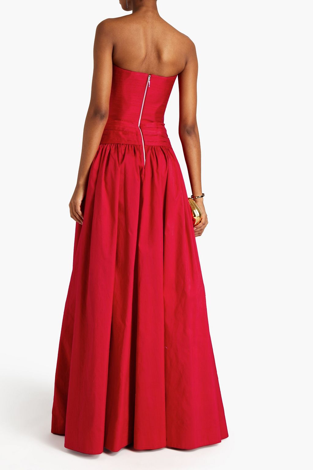 RASARIO Strapless pleated silk-dupioni gown