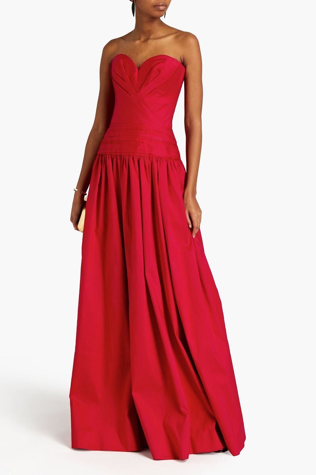 RASARIO Strapless pleated silk-dupioni gown