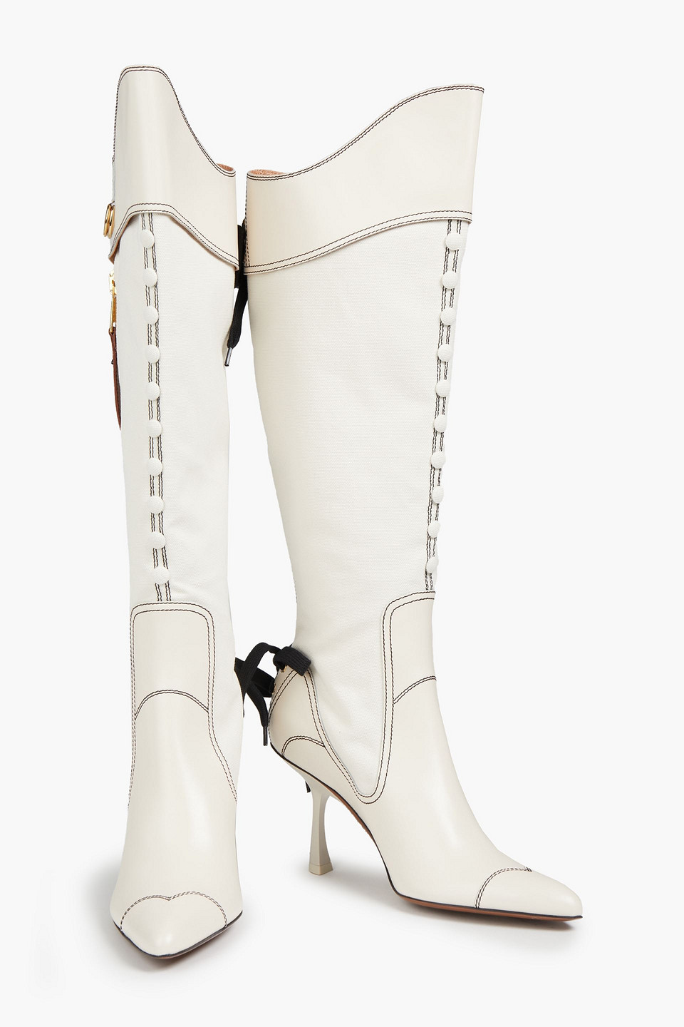 Zimmermann Button-embellished Topstitched Leather And Canvas Boots In Ivory