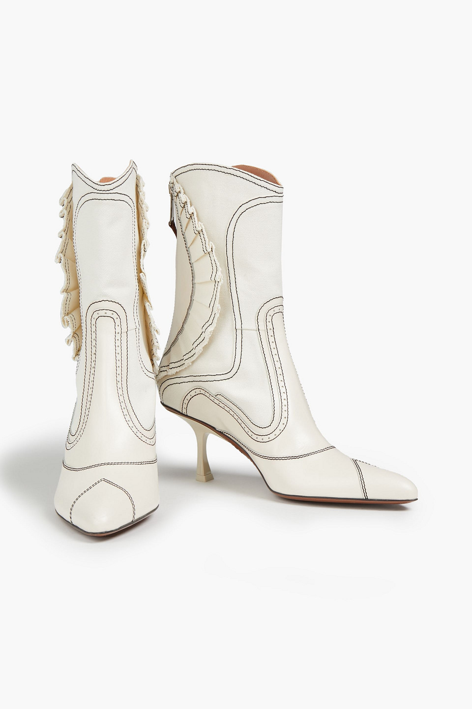 Zimmermann Perforated Topstitched Leather And Canvas Ankle Boots In Ivory