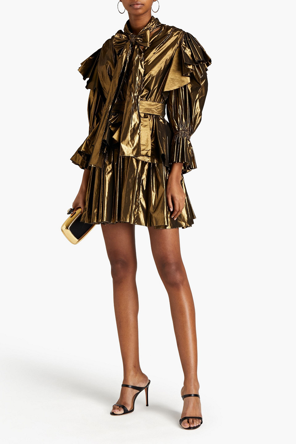 Dolce & Gabbana Pussy-bow Ruffled Lamé Mini Dress In Bronze