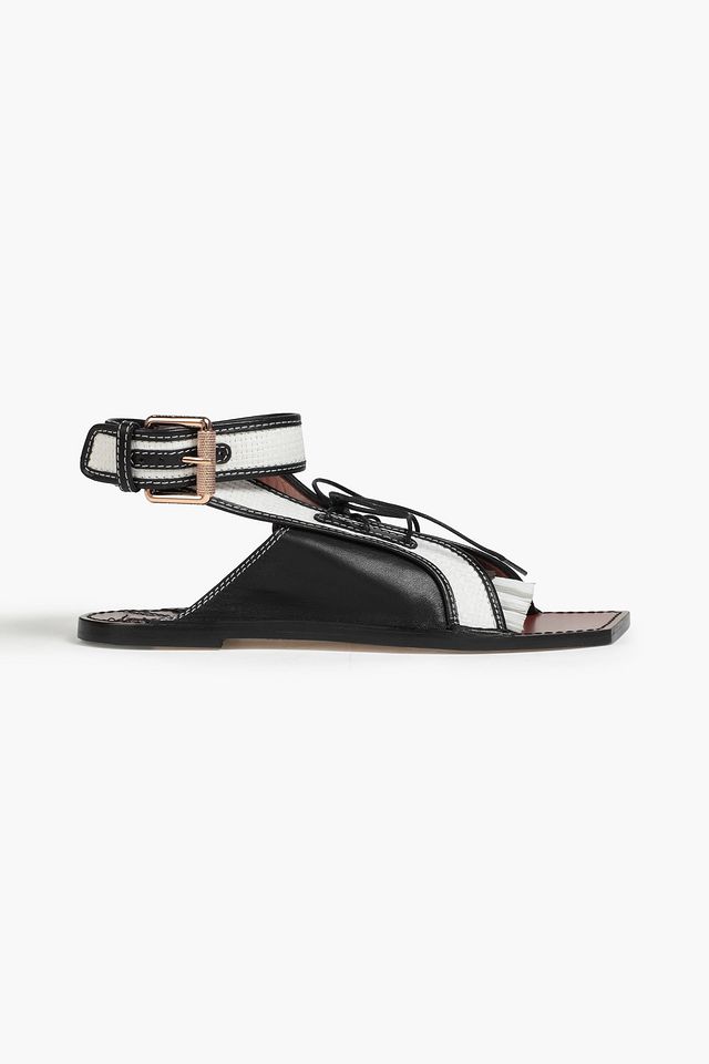 Fringed faux raffia and leather sandals