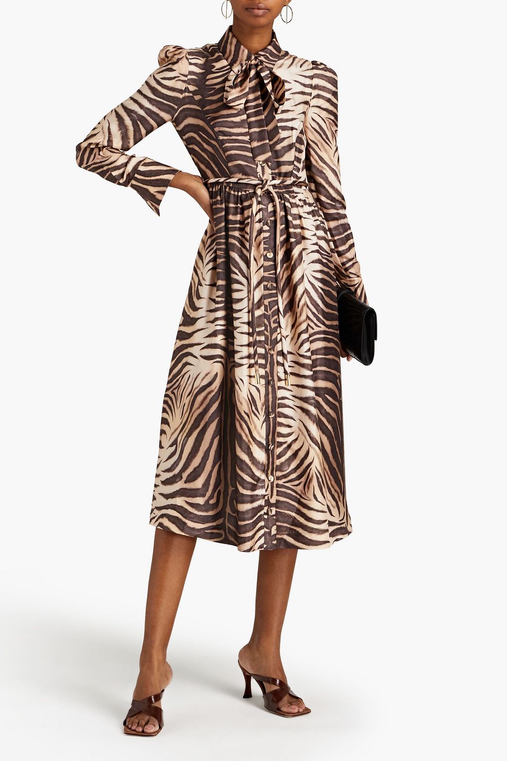 ZIMMERMANN Pussy-bow belted zebra-print silk-twill midi shirt dress