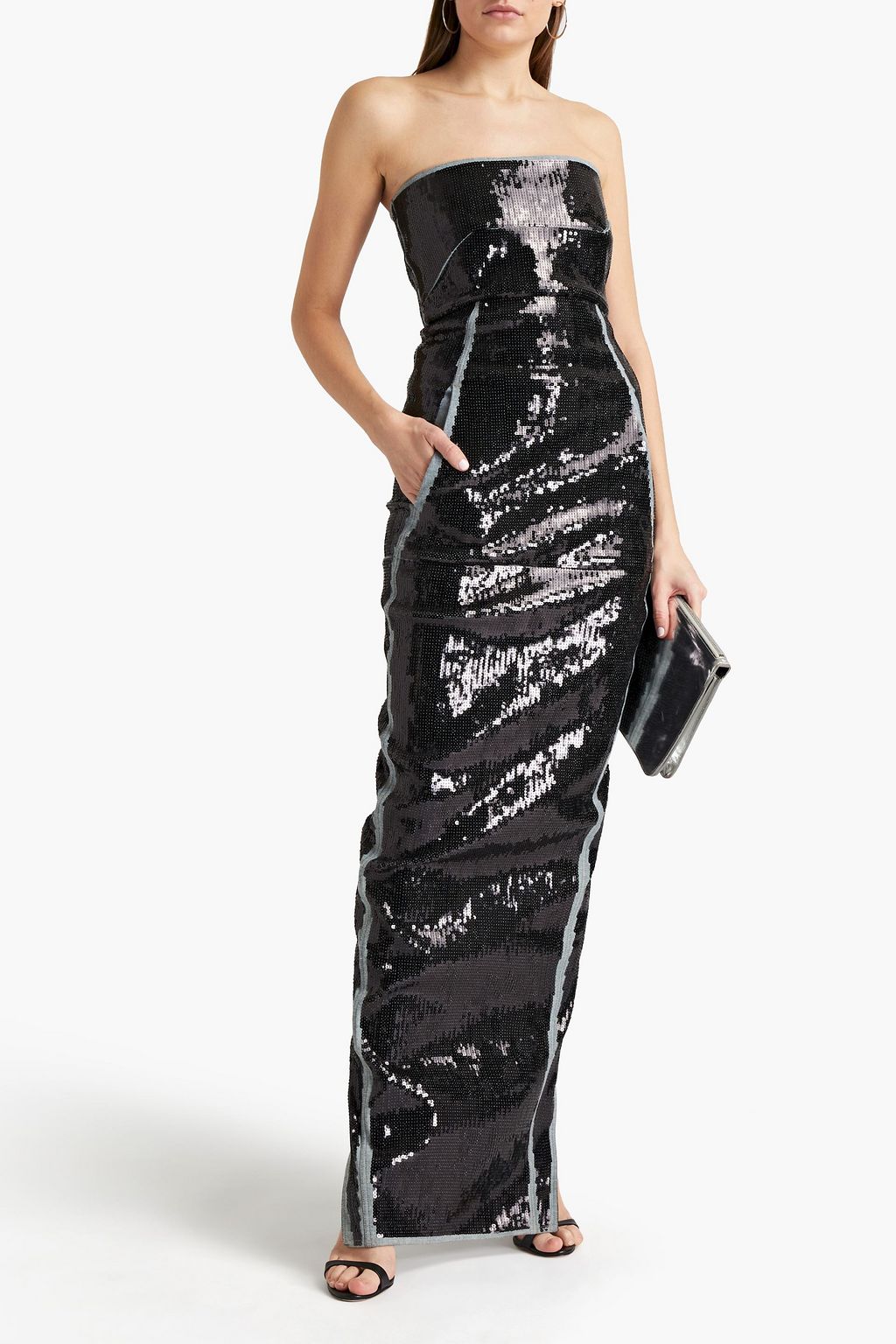 RICK OWENS Strapless pleated sequined denim gown