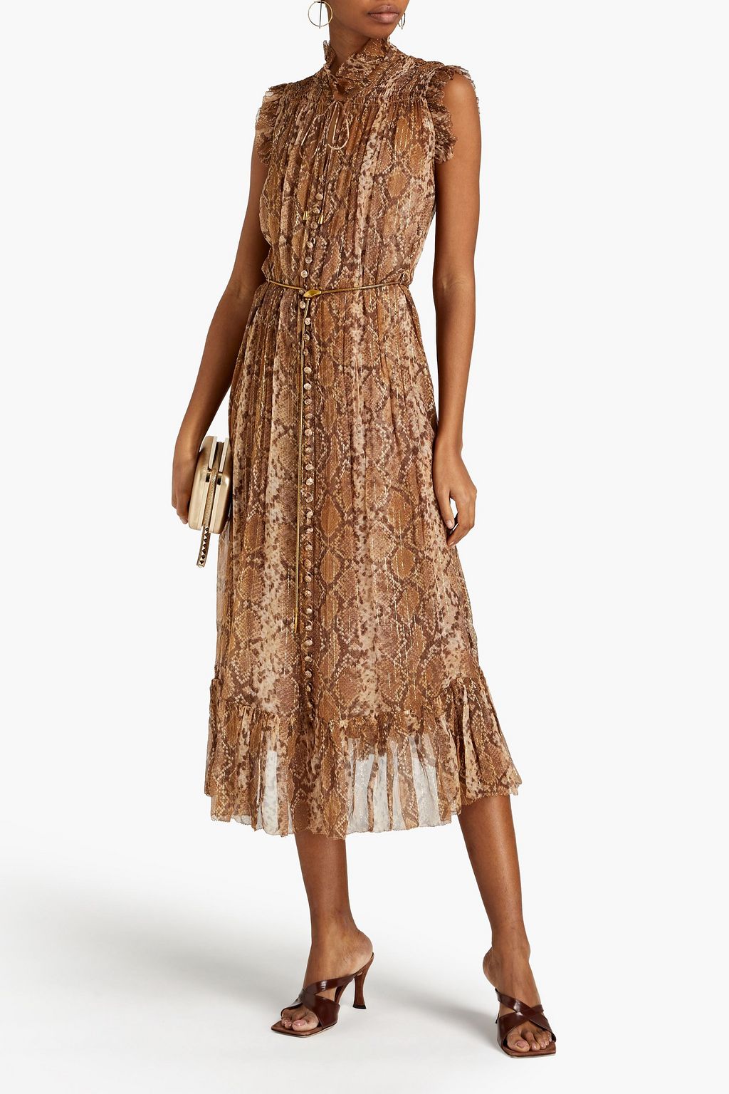 ZIMMERMANN Belted metallic snake-print silk-blend chiffon midi dress