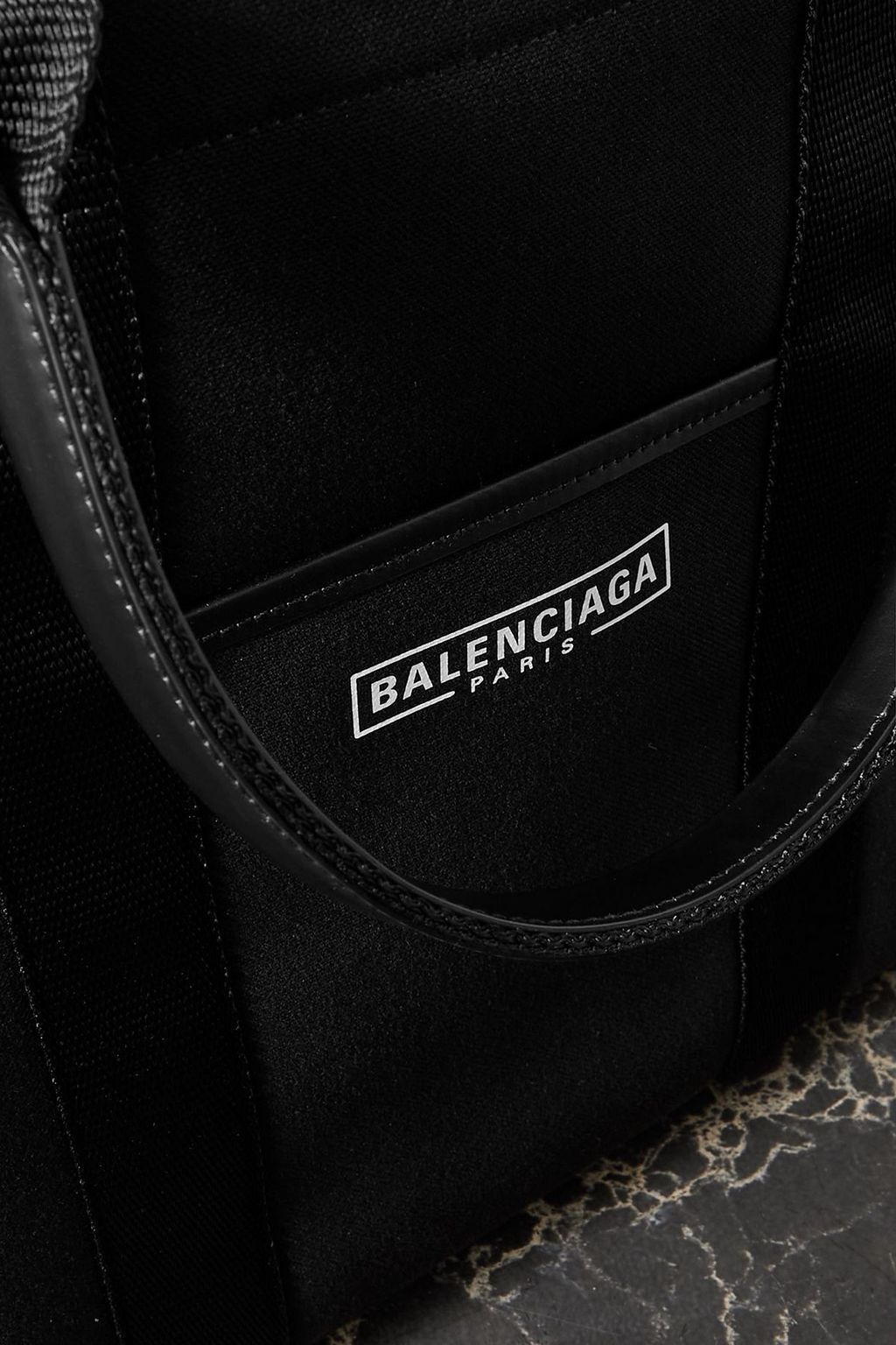 BALENCIAGA Neo Navy large leather-trimmed printed cotton-canvas tote