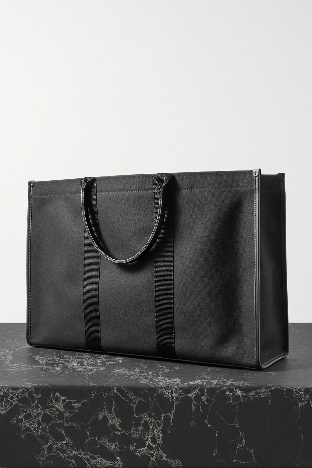 BALENCIAGA Neo Navy large leather-trimmed printed cotton-canvas tote