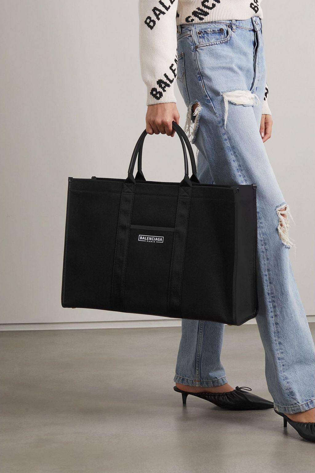 BALENCIAGA Neo Navy large leather-trimmed printed cotton-canvas tote