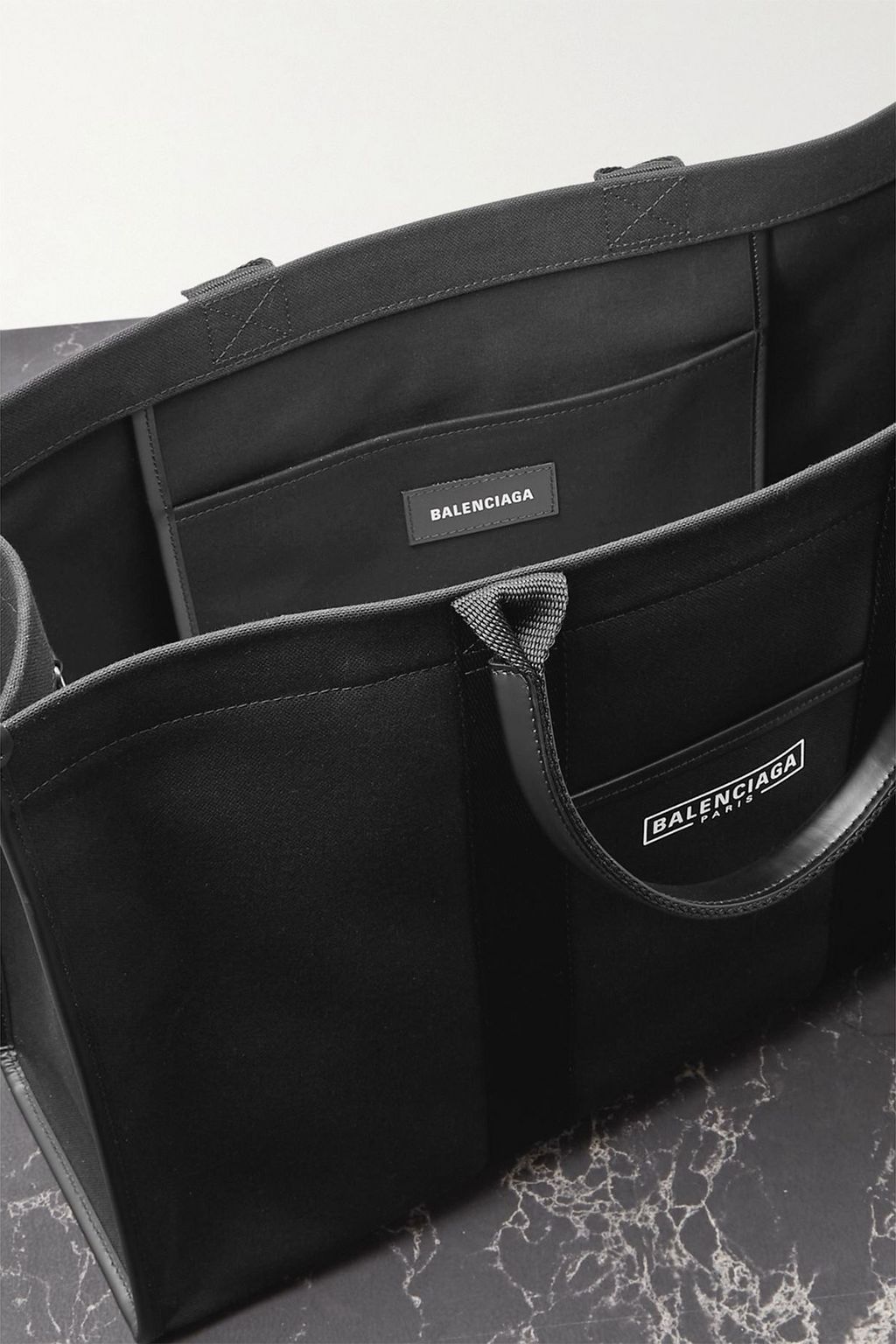 BALENCIAGA Neo Navy large leather-trimmed printed cotton-canvas tote