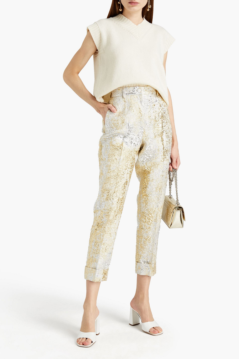 Dolce & Gabbana Cropped Metallic Brocade Tapered Pants In Silver