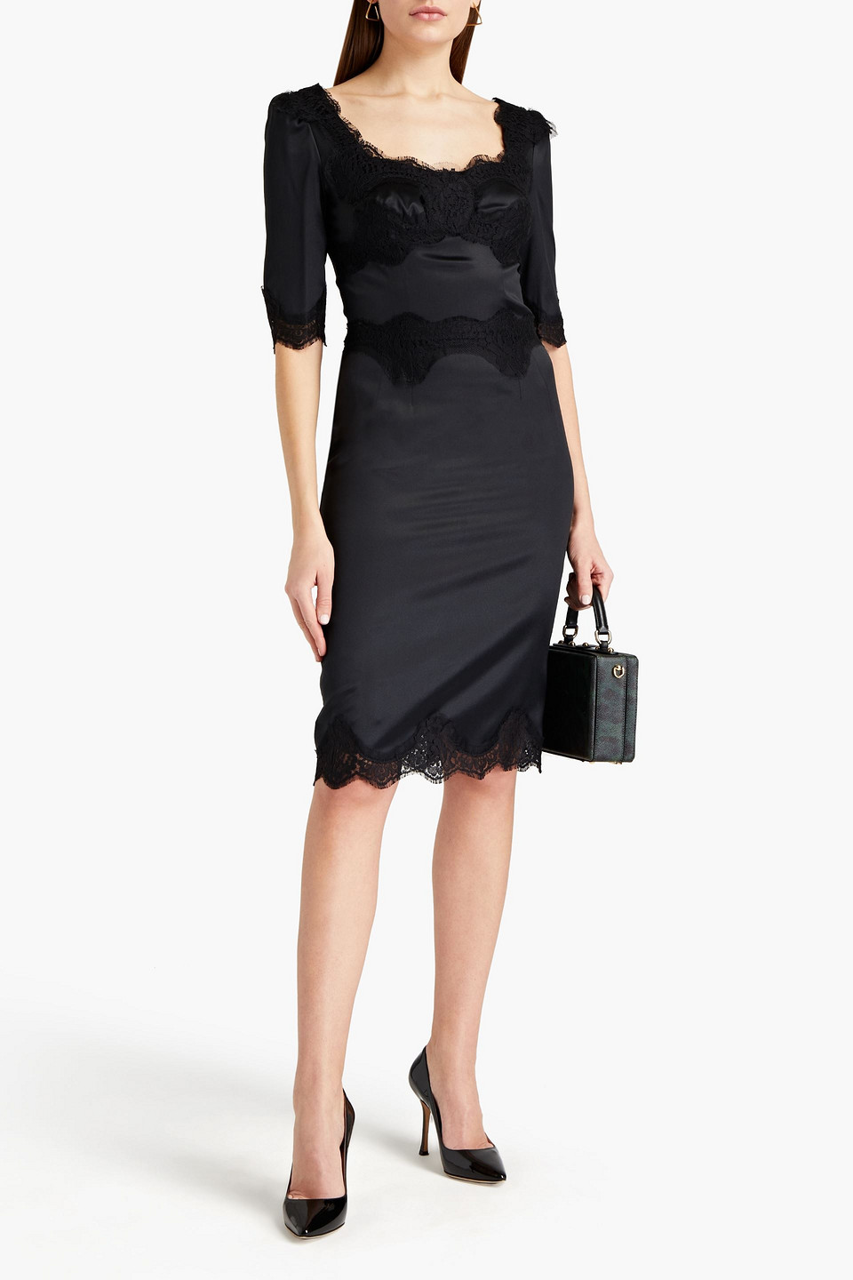 Dolce & Gabbana Lace-trimmed Silk-blend Satin Dress In Black