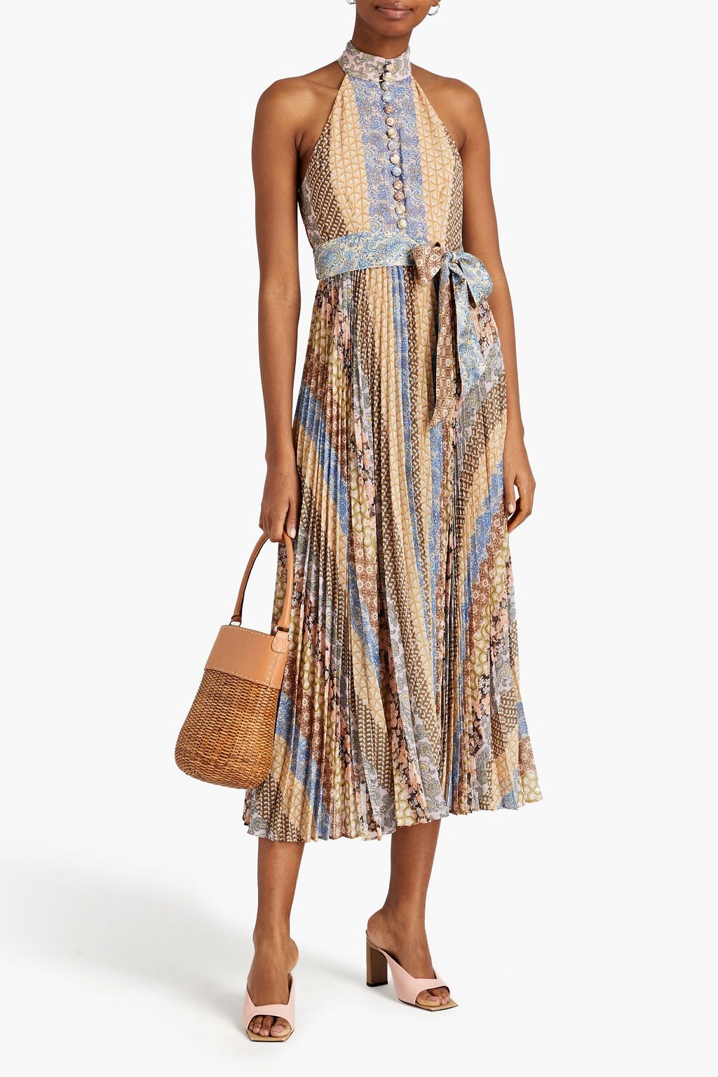 ZIMMERMANN Sunray belted patchwork-effect pleated georgette midi dress