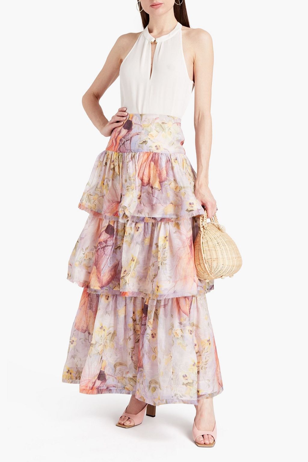 ZIMMERMANN Tiered floral-print linen and silk-blend maxi skirt