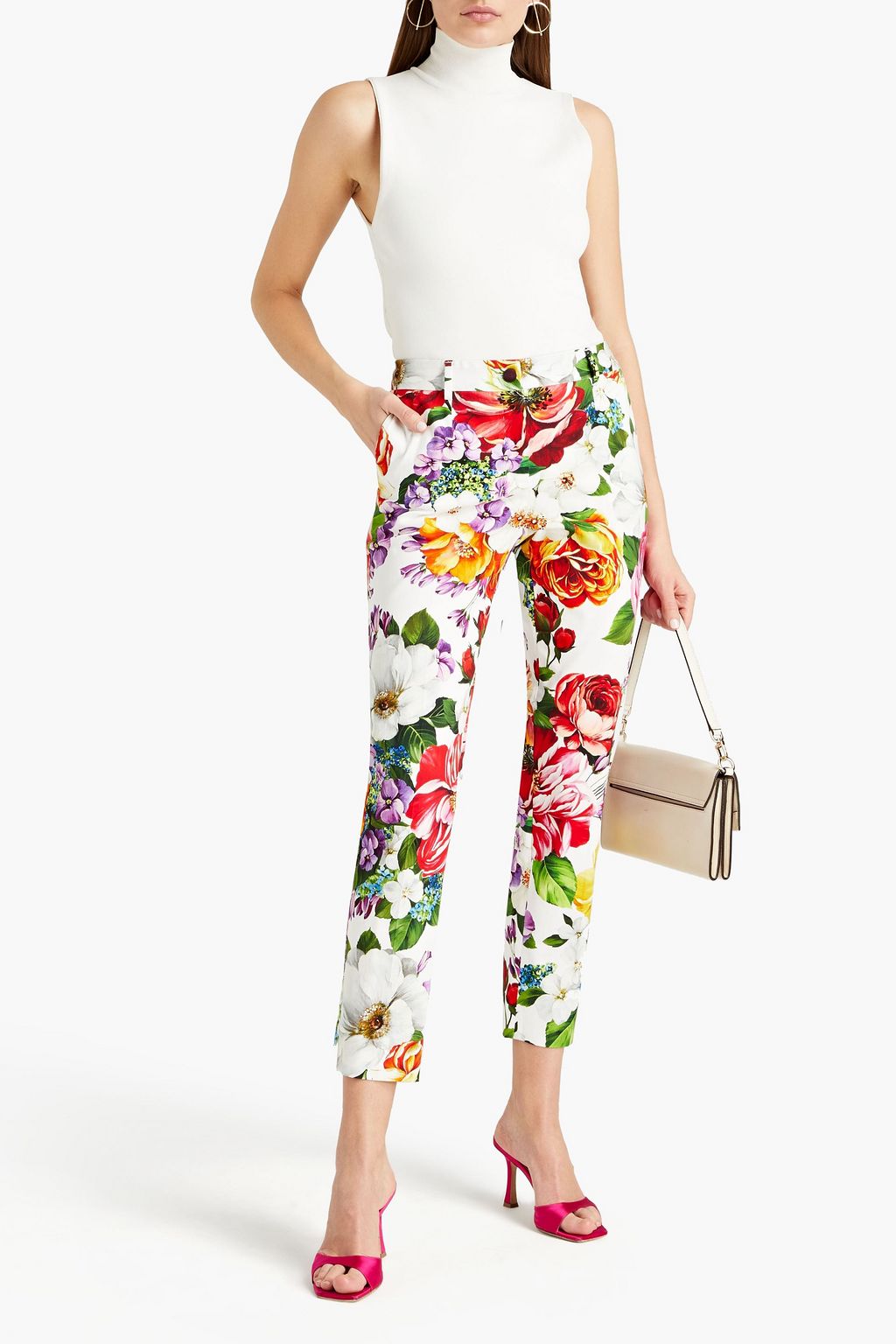 DOLCE&GABBANA Cropped floral-print cotton-blend gabardine slim-leg pants
