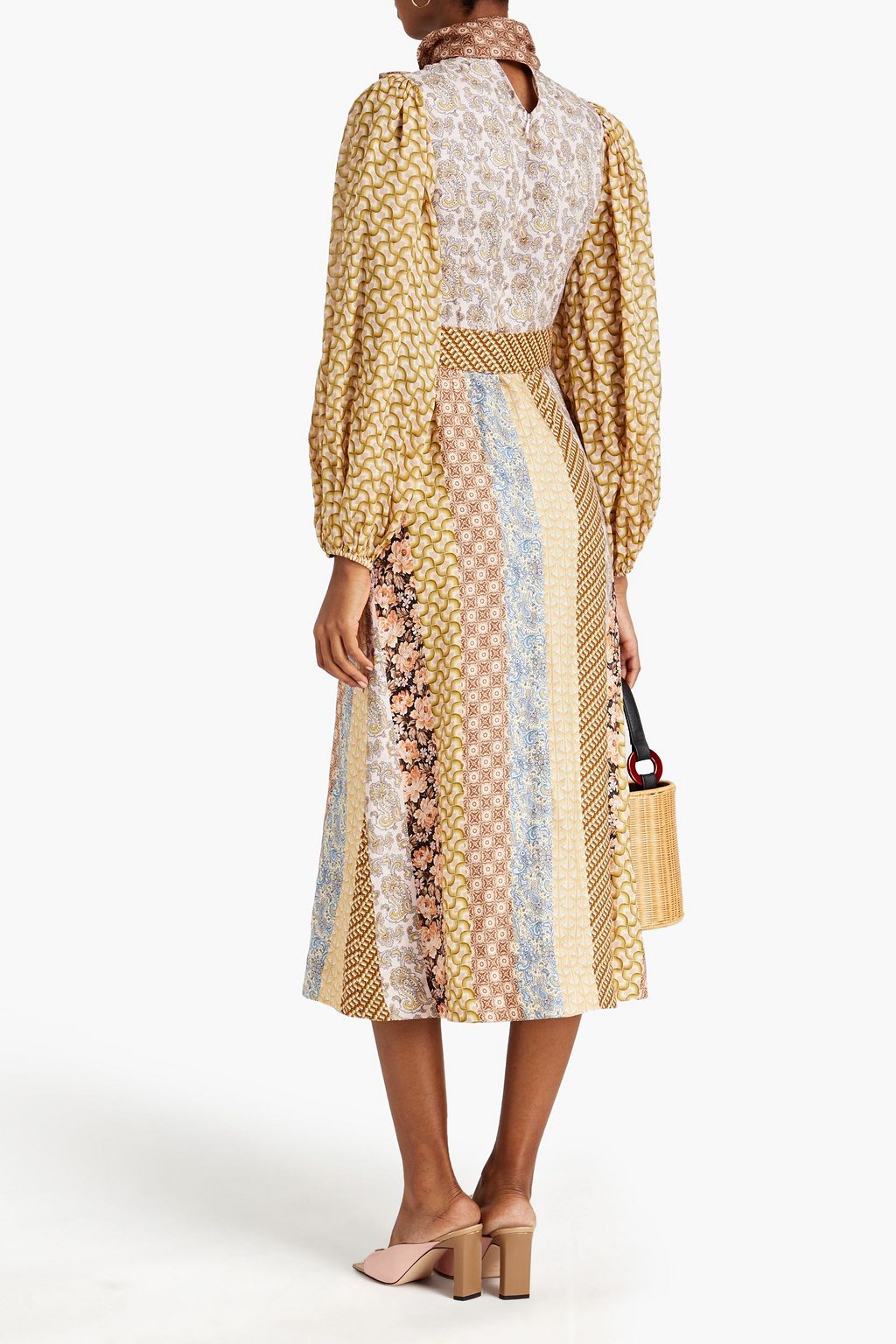 ZIMMERMANN Pussy-bow belted patchwork-effect linen midi dress