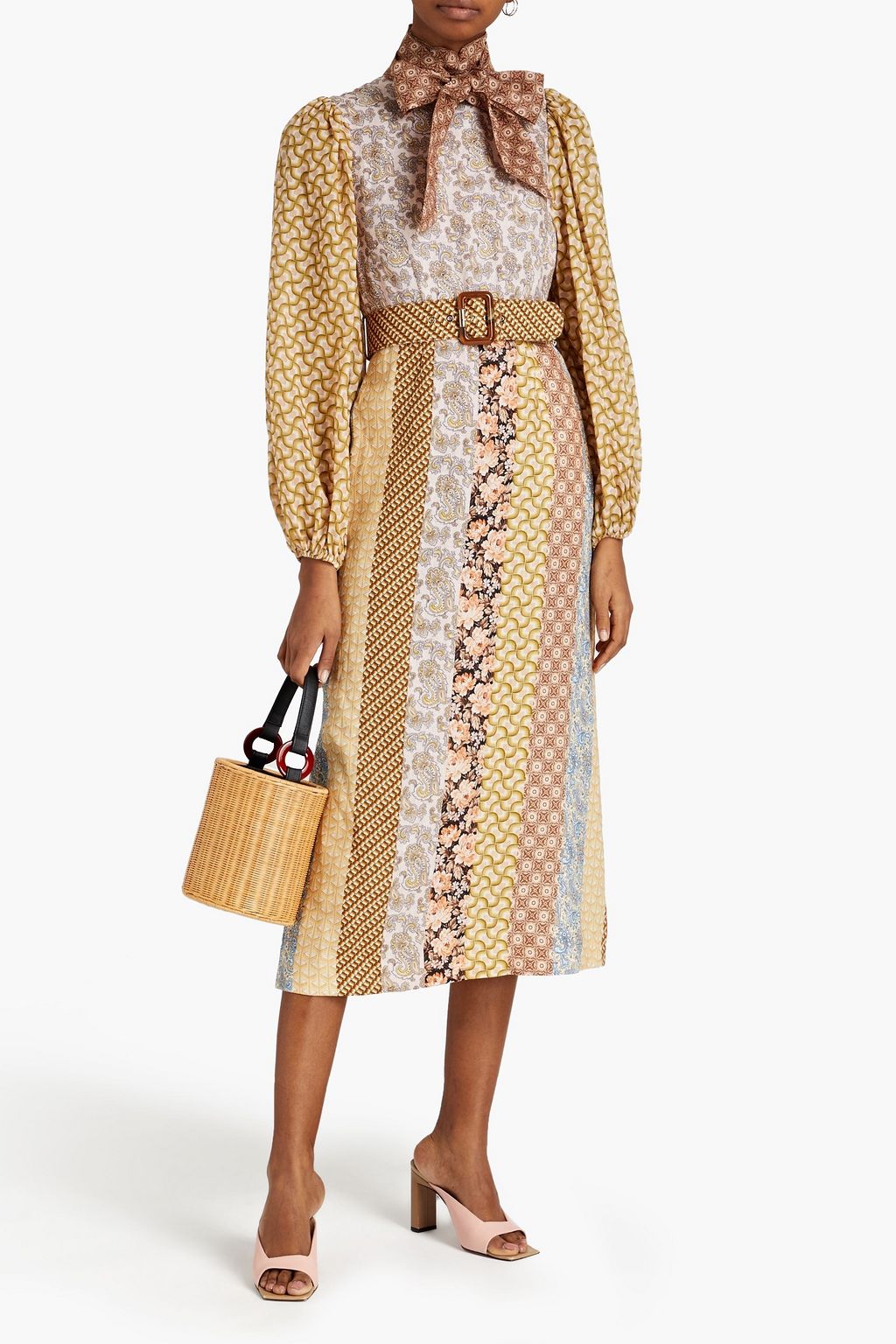 ZIMMERMANN Pussy-bow belted patchwork-effect linen midi dress