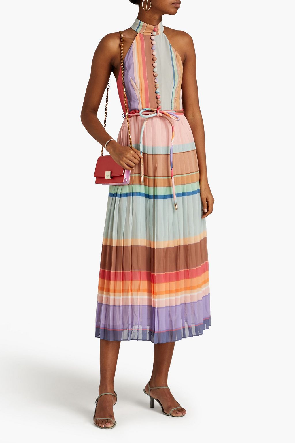 ZIMMERMANN Belted pleated striped chiffon midi dress