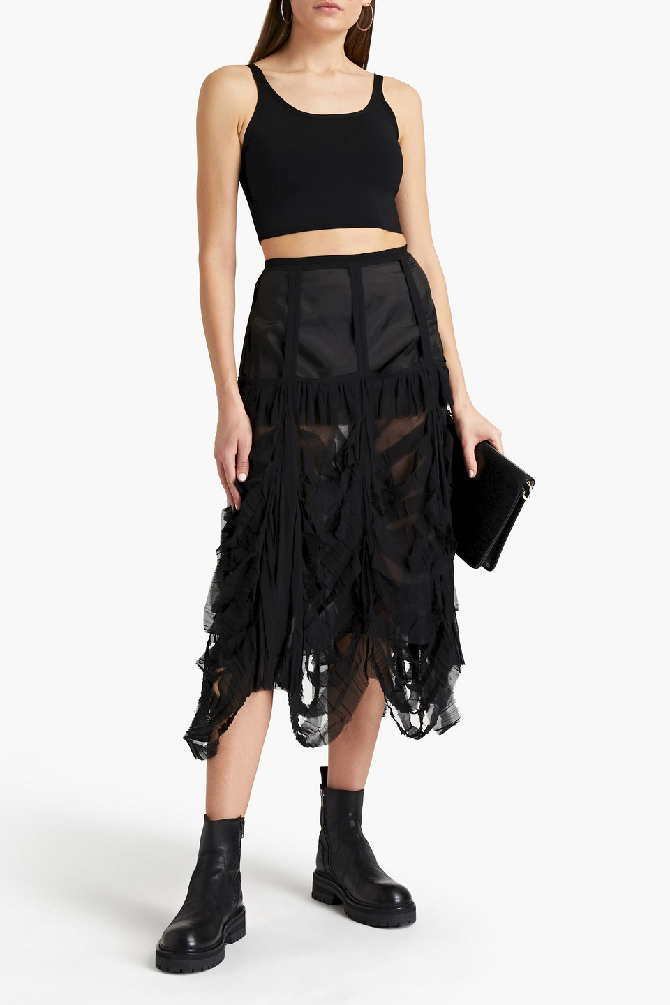 Maison Margiela Satin-paneled Gathered Georgette Midi Skirt In Black