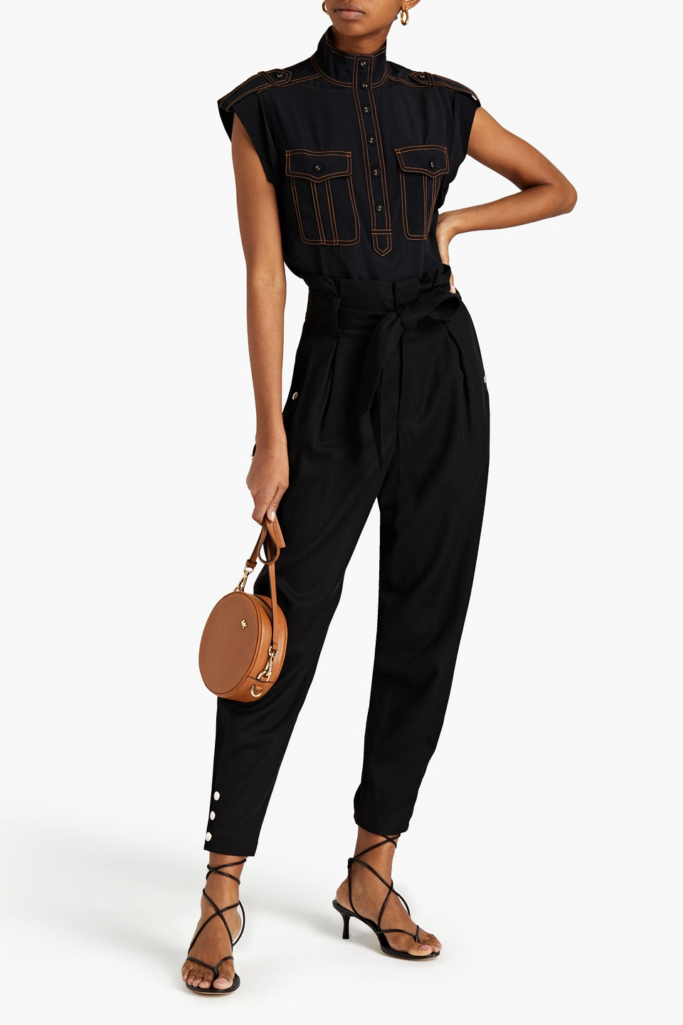 Zimmermann Topstitched Crepe De Chine Top In Black