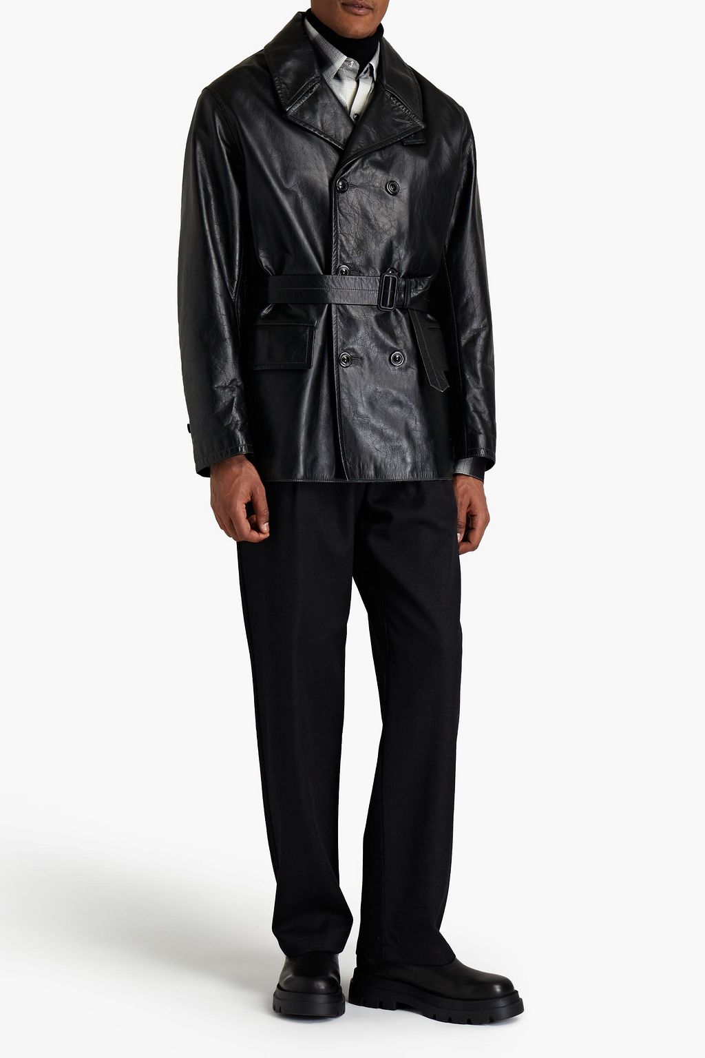 MAISON MARGIELA Double-breasted belted cracked leather coat