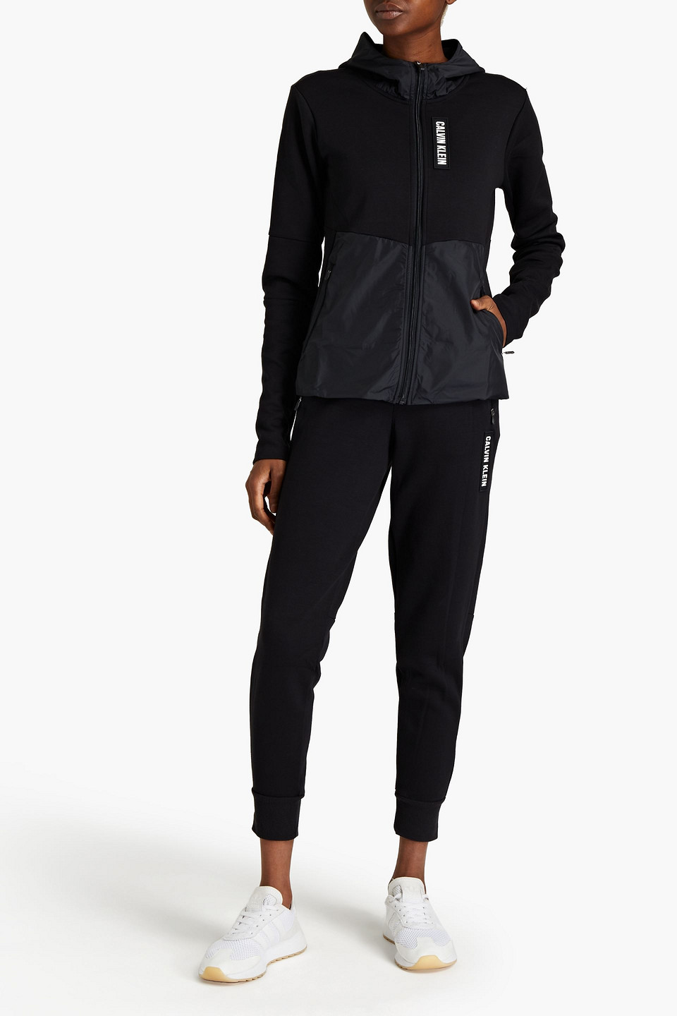 Calvin Klein Performance Shell-paneled Printed Stretch-jersey Hooded Track Jacket In Black