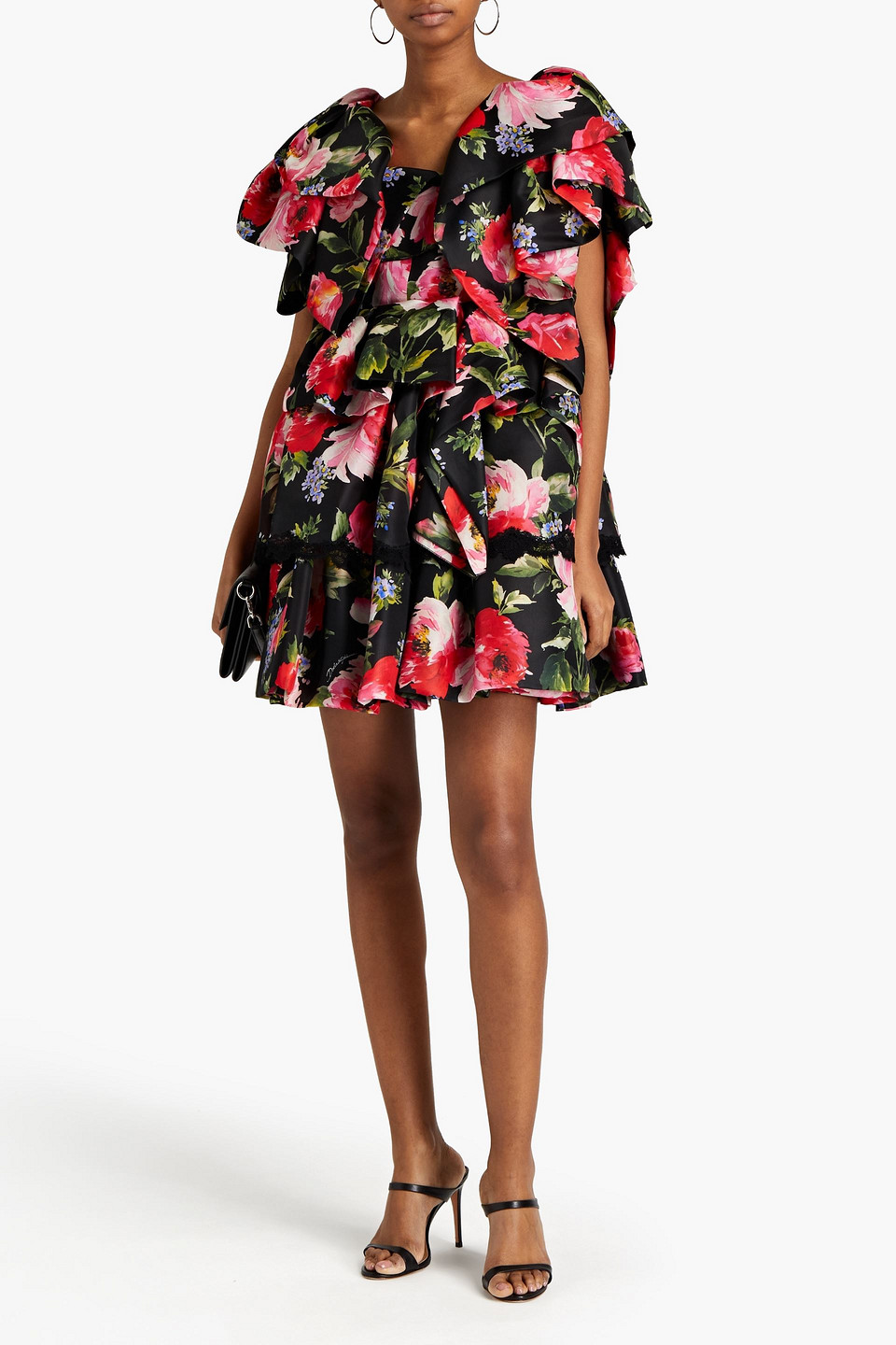 Dolce & Gabbana Tiered Ruffled Floral-print Silk-blend Satin Mini Dress In Black