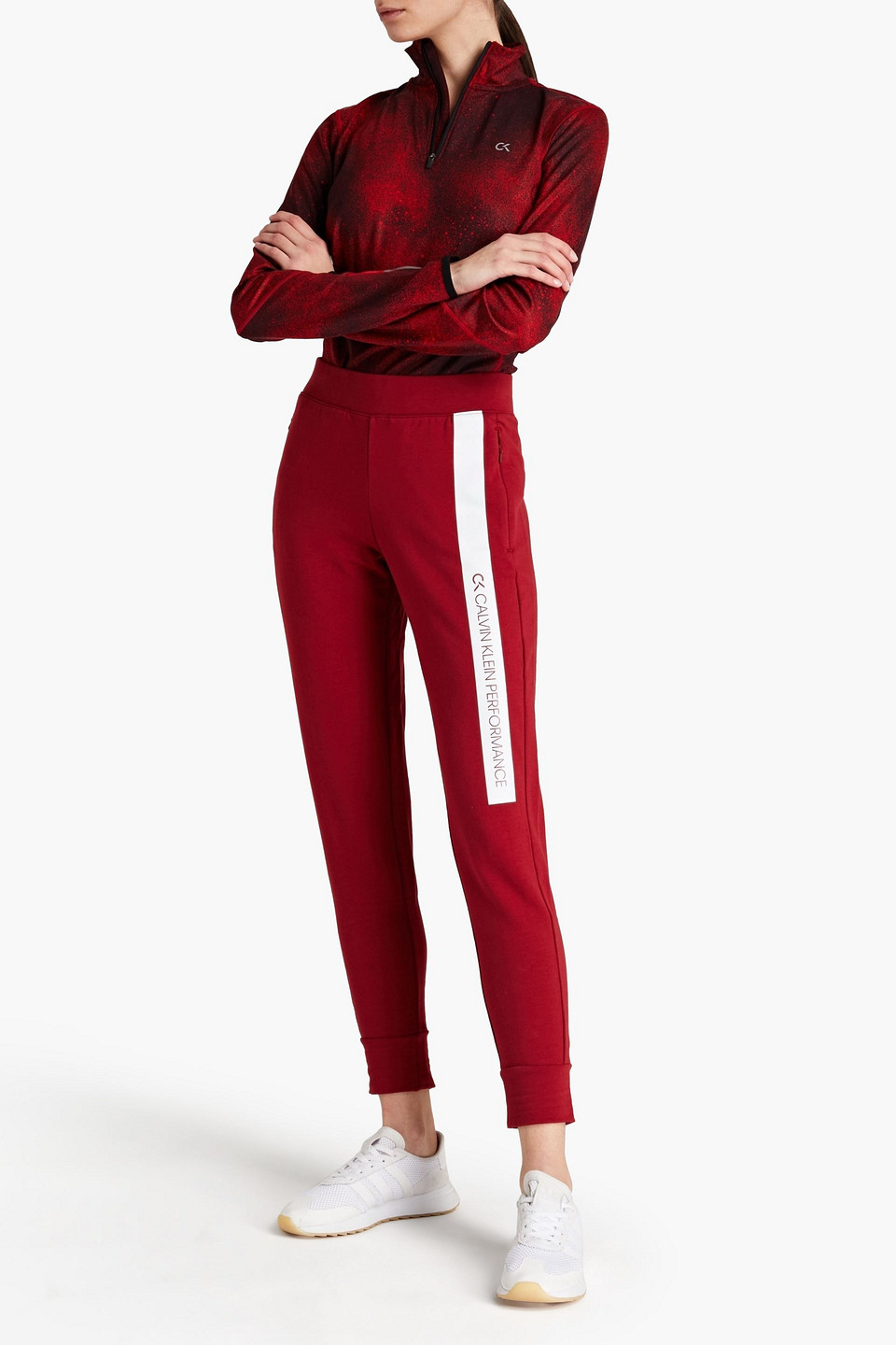 Calvin Klein Performance Cropped Printed Cotton-blend Fleece Track Trousers In Red