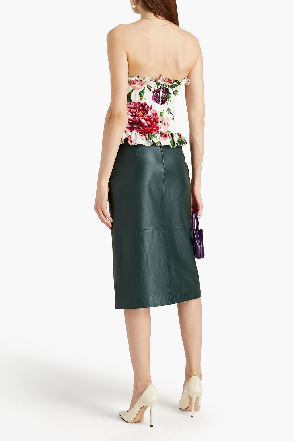 DOLCE&GABBANA Ruffle-trimmed floral-print stretch-silk crepe bustier top