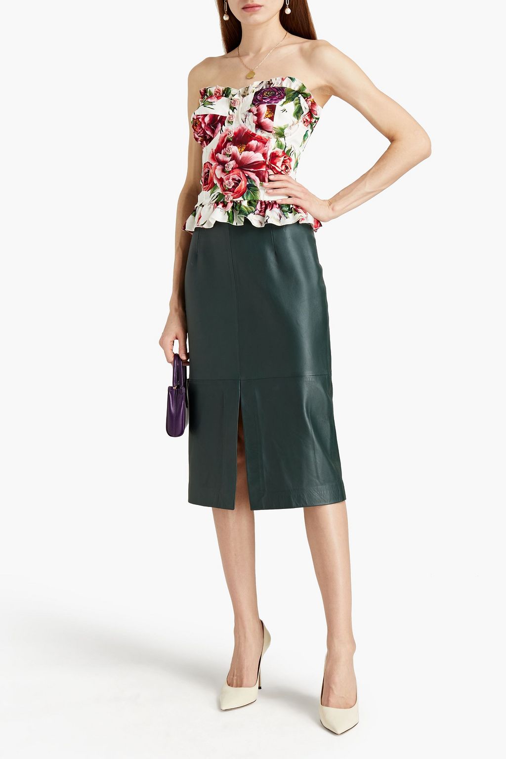 DOLCE&GABBANA Ruffle-trimmed floral-print stretch-silk crepe bustier top