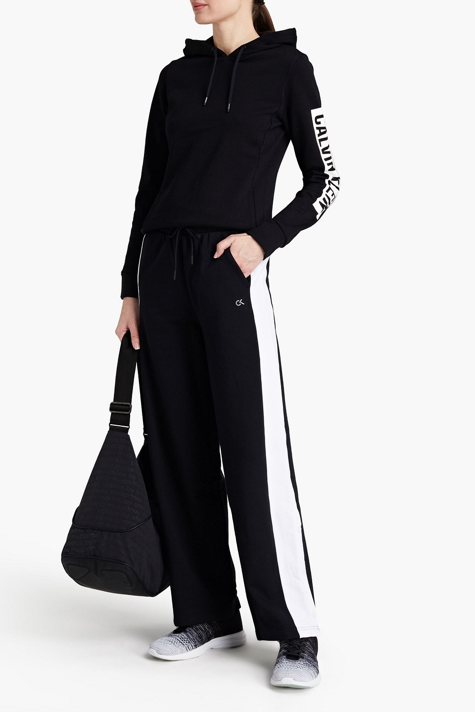 Calvin Klein Performance Printed Cotton-blend Fleece Track Trousers In Black