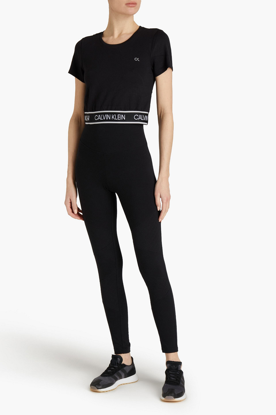 Calvin Klein Performance Cropped Mesh-paneled Stretch-jersey Top In Black