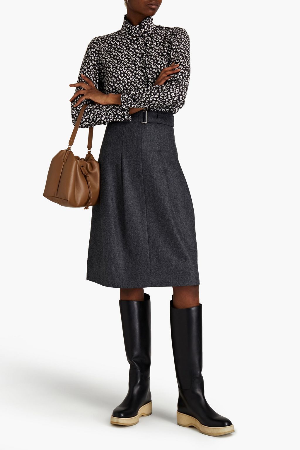 OFFICINE GÉNÉRALE Pleated belted mélange wool-felt skirt