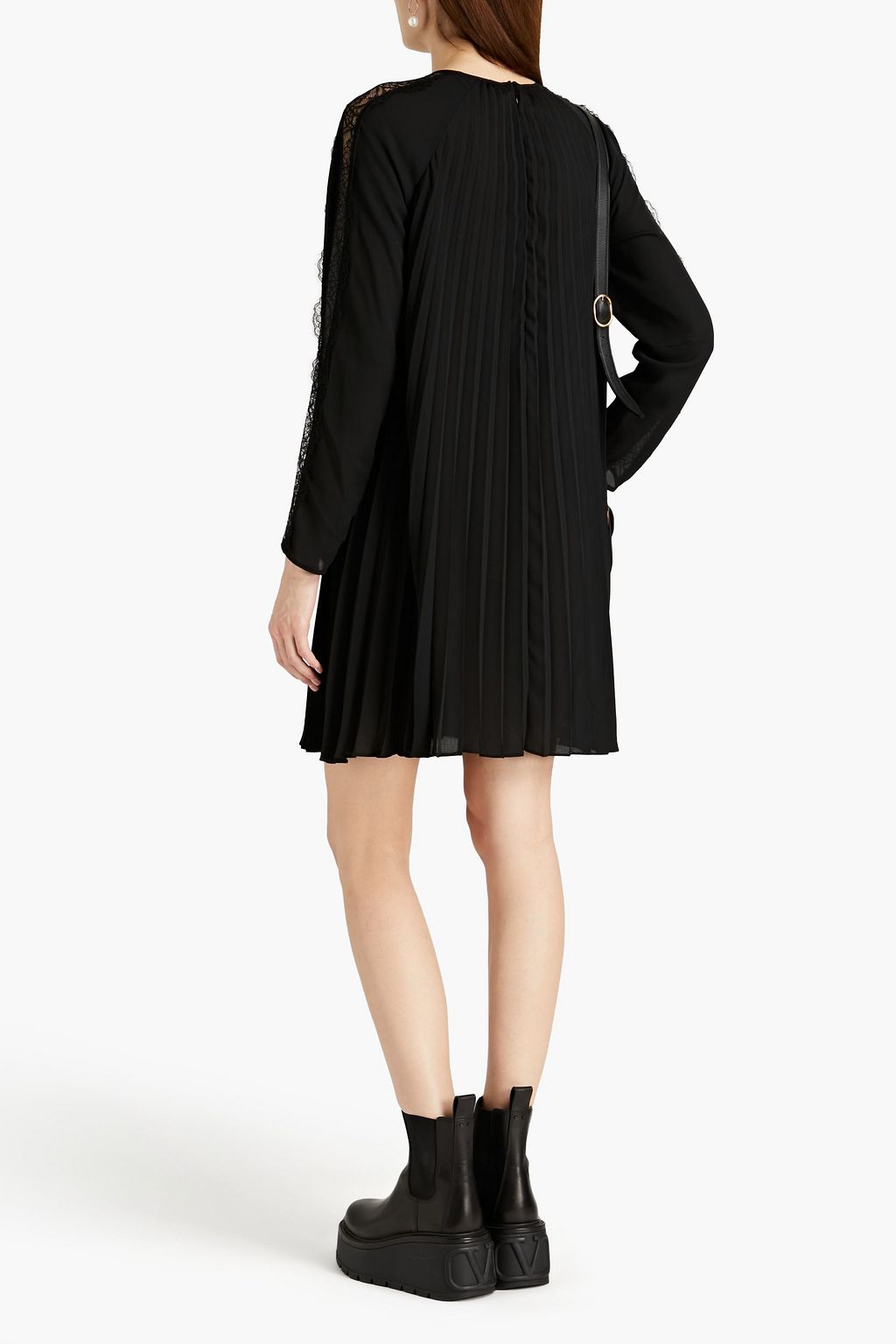 REDVALENTINO Lace-trimmed pleated crepe mini dress