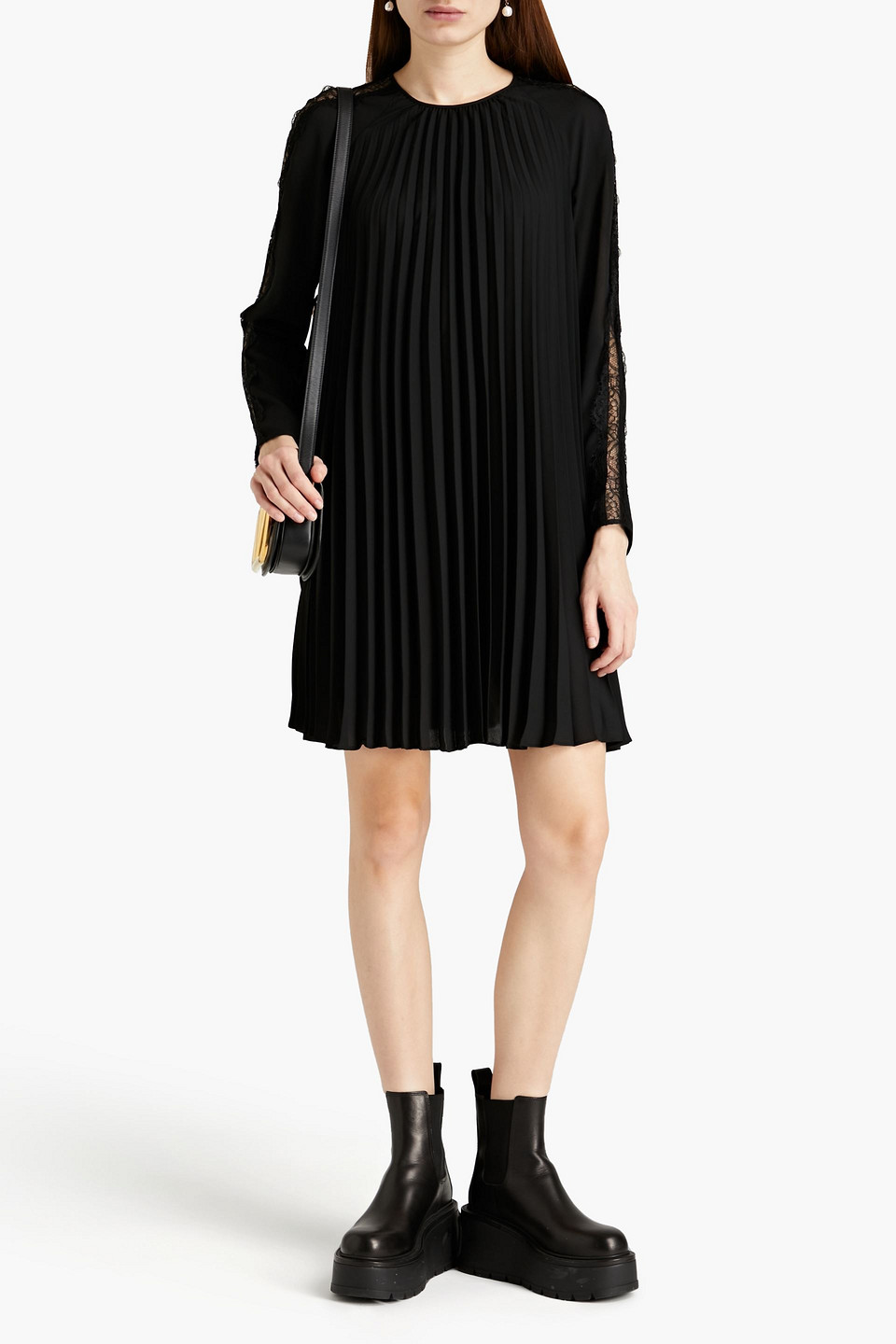 Red Valentino Lace-trimmed Pleated Crepe Mini Dress In Black