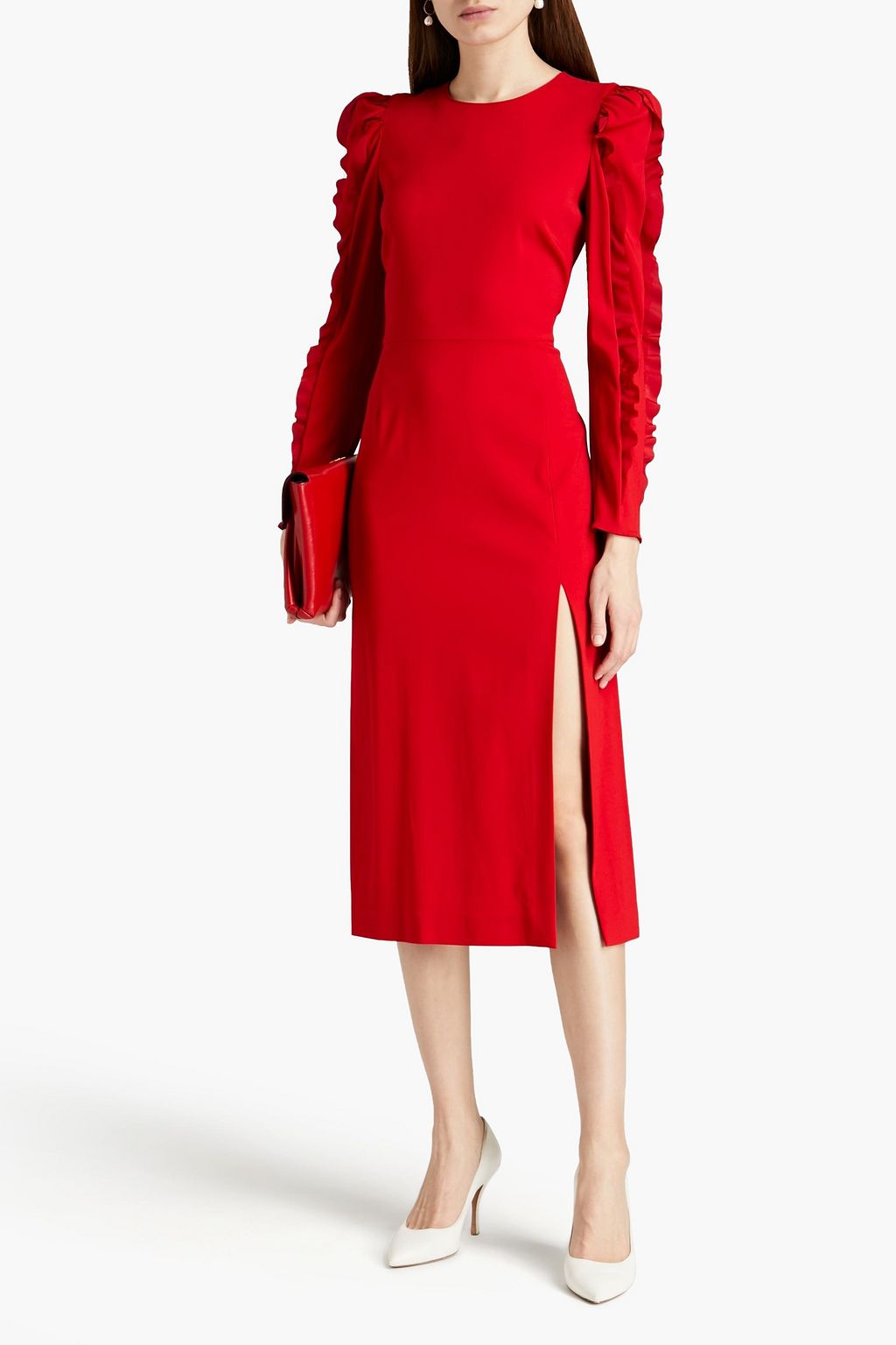 REDVALENTINO Satin-trimmed ruffled crepe midi dress