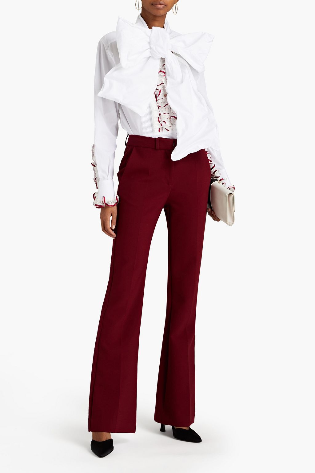 DOLCE&GABBANA Lace-trimmed pussy-bow cotton-blend poplin blouse
