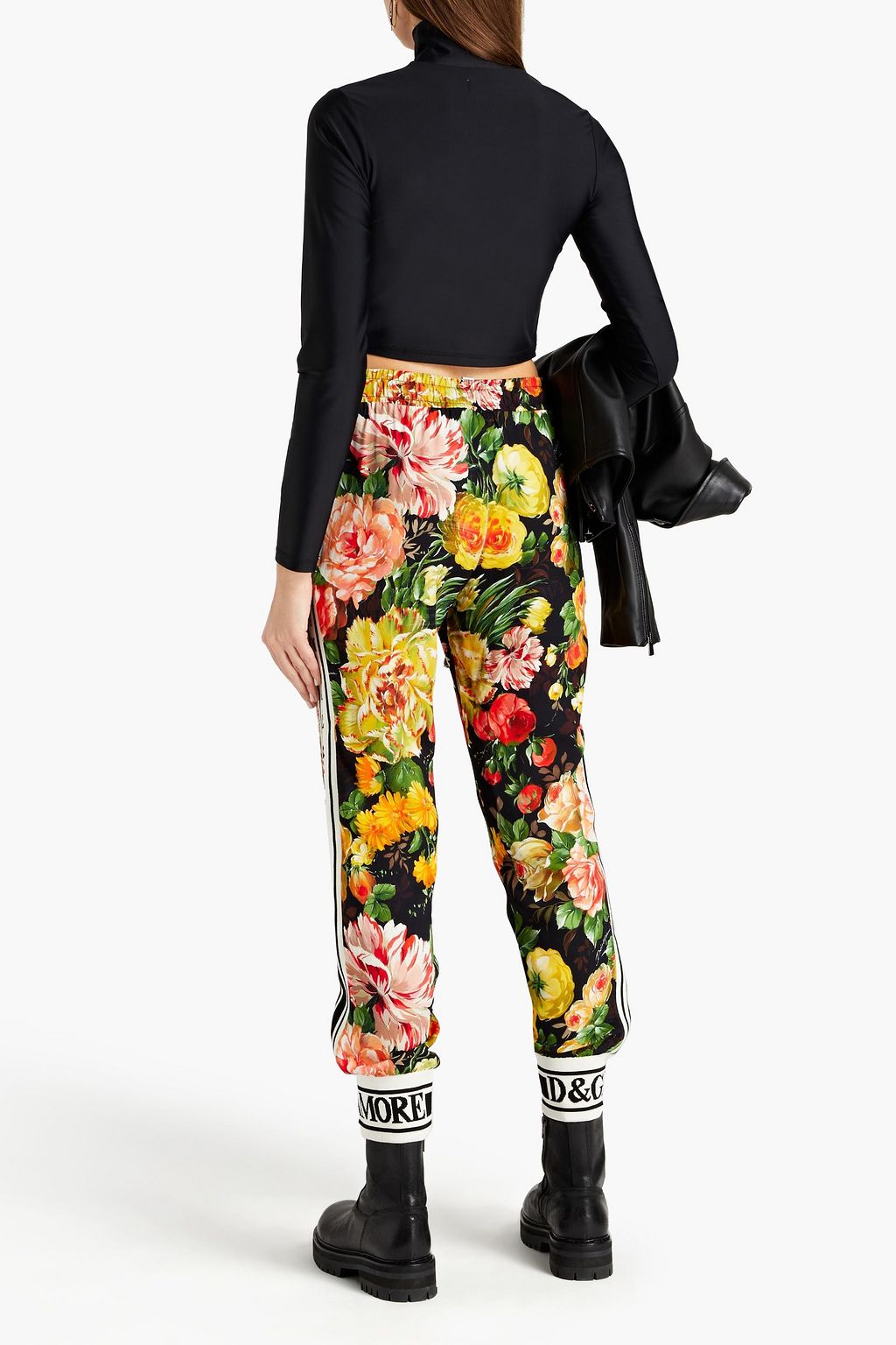 DOLCE&GABBANA Cropped jacquard-trimmed floral-print crepe tapered pants