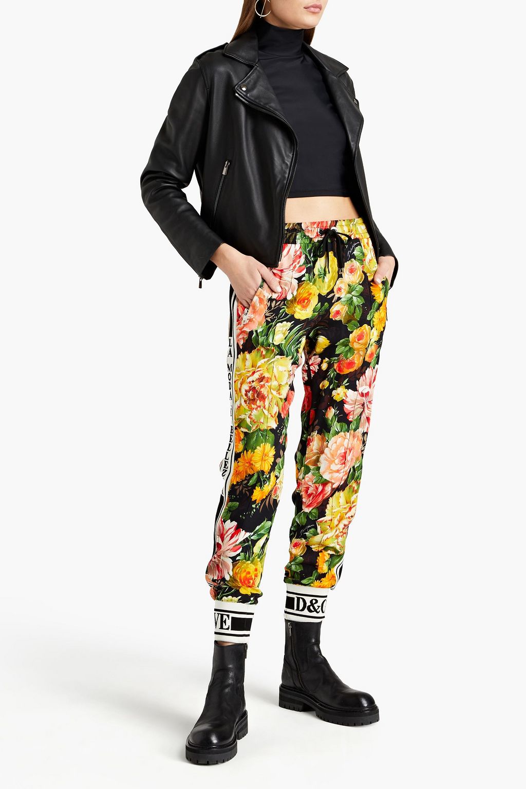 DOLCE&GABBANA Cropped jacquard-trimmed floral-print crepe tapered pants