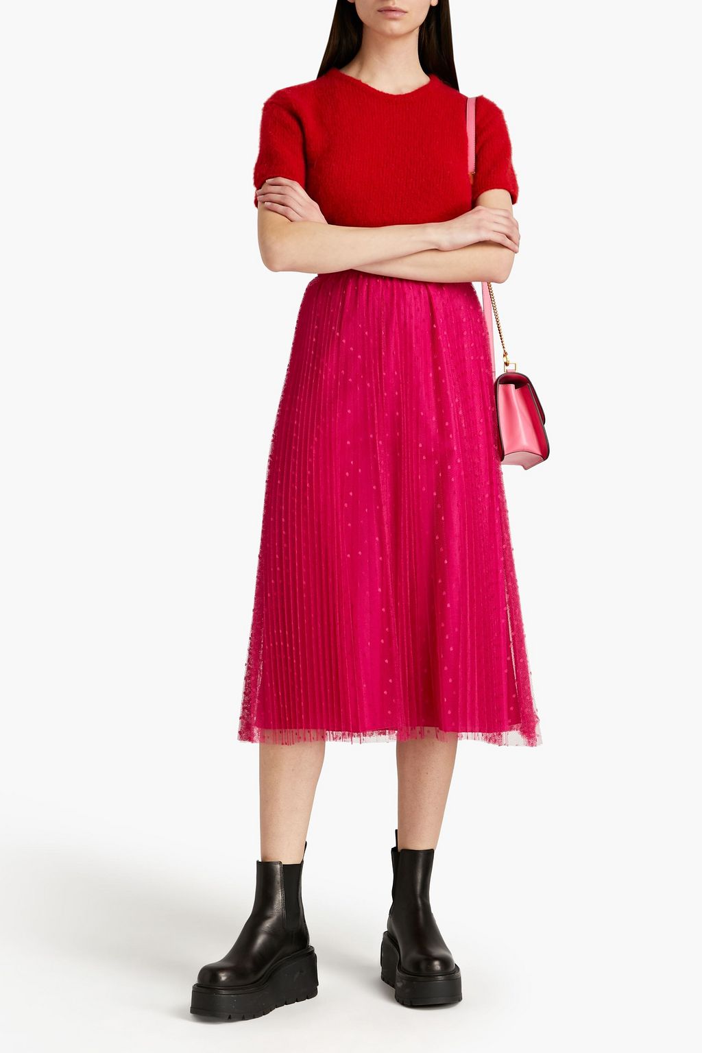 REDVALENTINO Pleated point d'esprit midi skirt