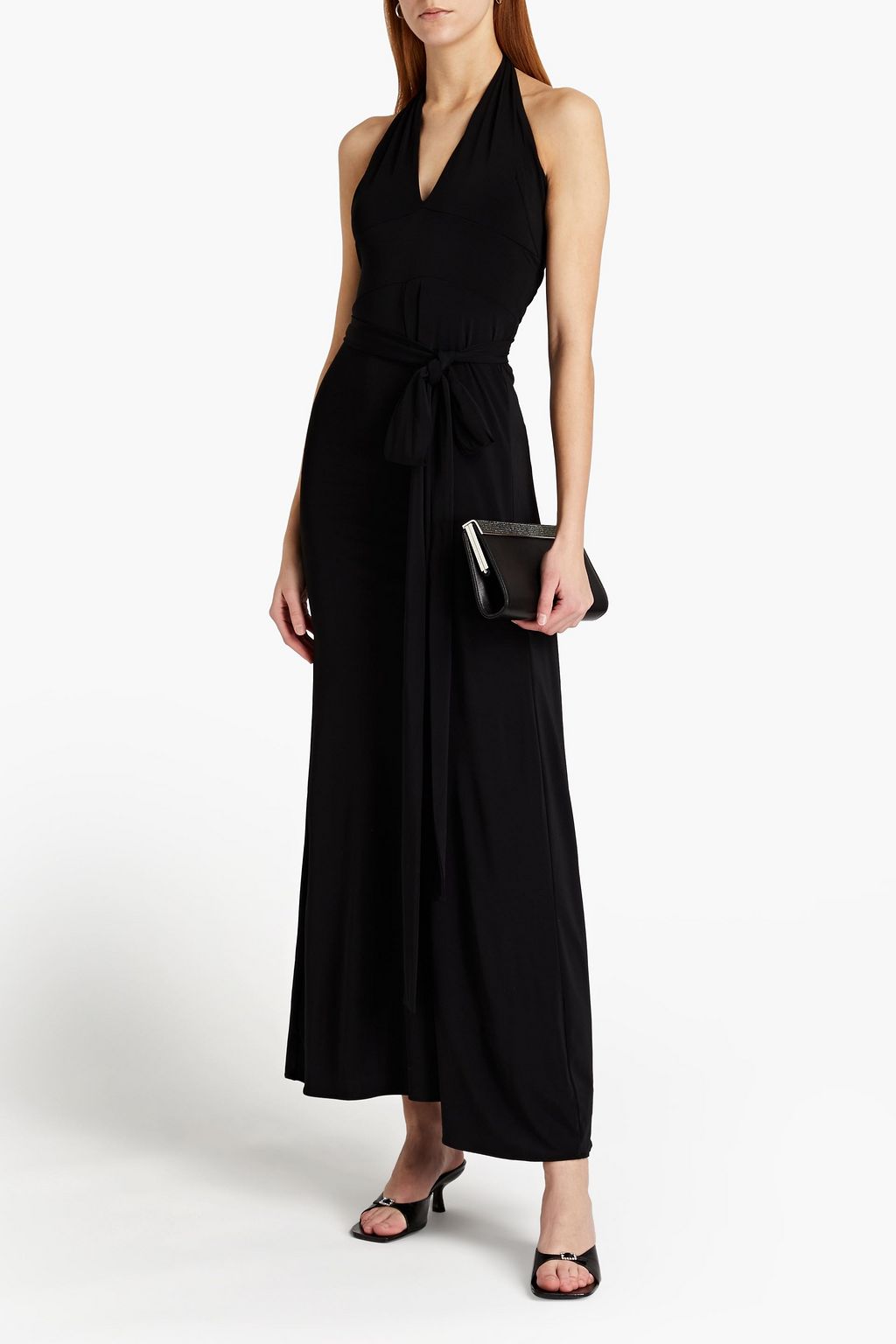 HALSTON Ariel belted stretch-jersey halterneck jumpsuit