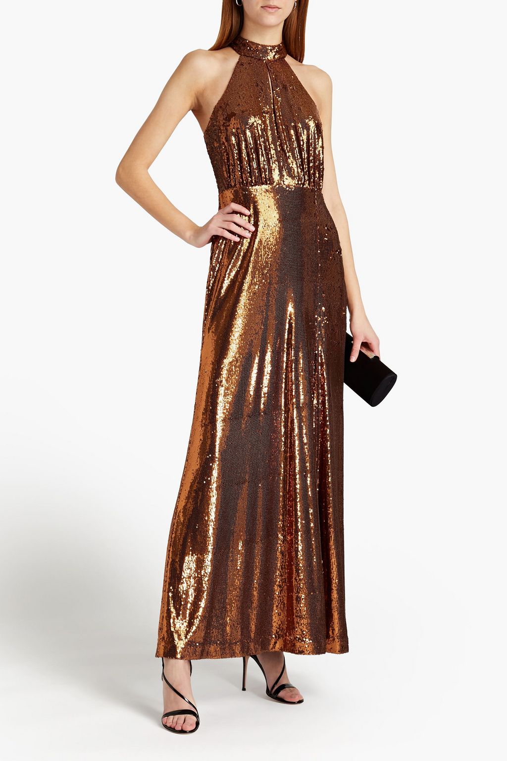 HALSTON Brinley gathered sequined woven jersey gown