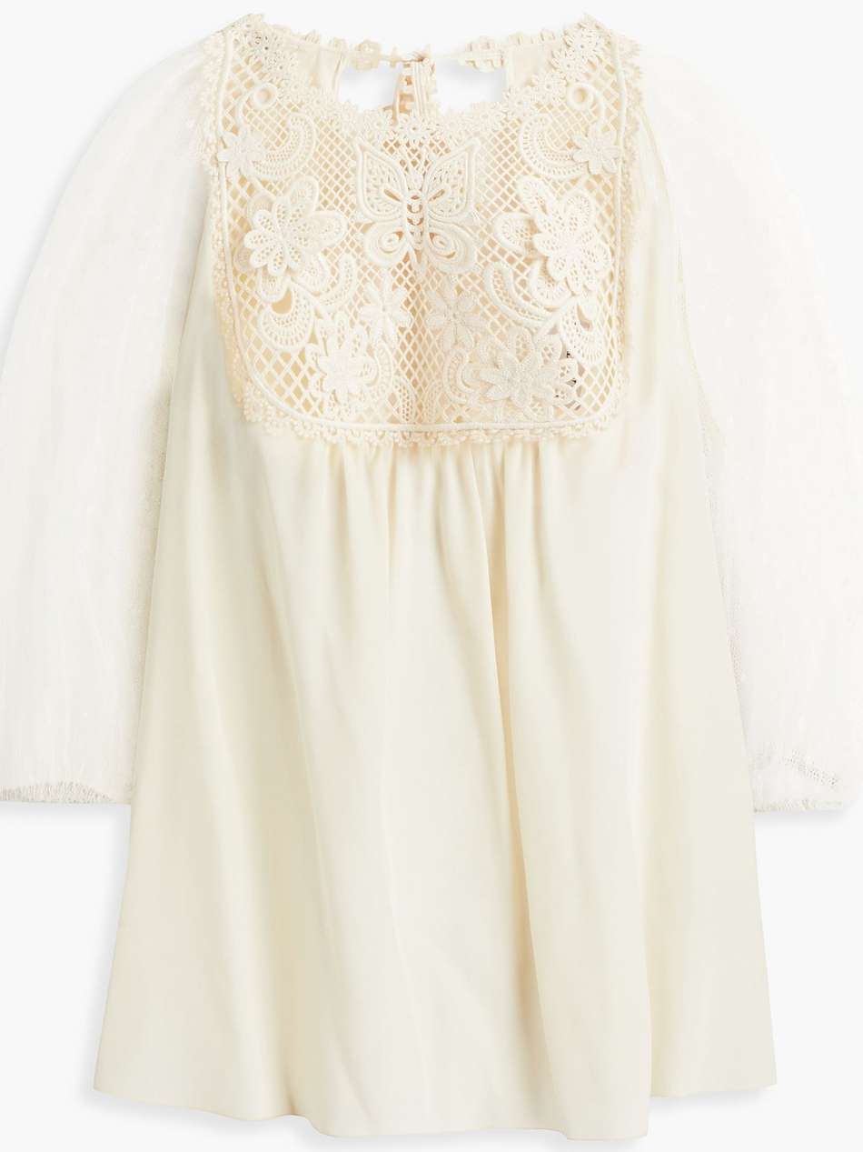 paneled crochet, point d'esprit and crepe de chine blouse