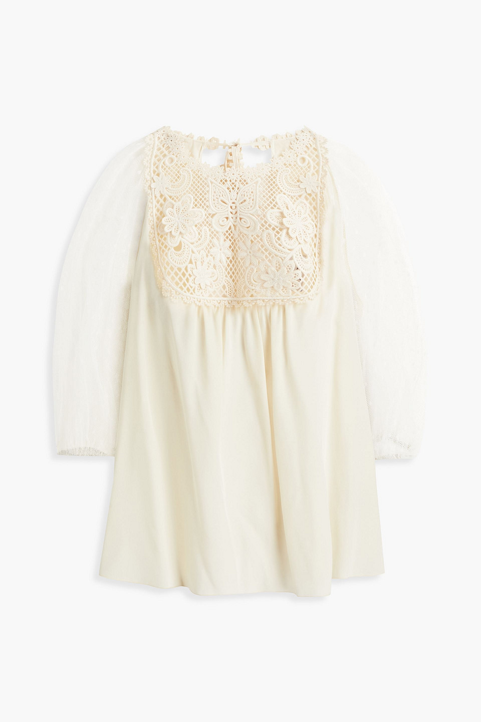redvalentino - paneled crochet, point d'esprit and crepe de chine blouse - white - it 38