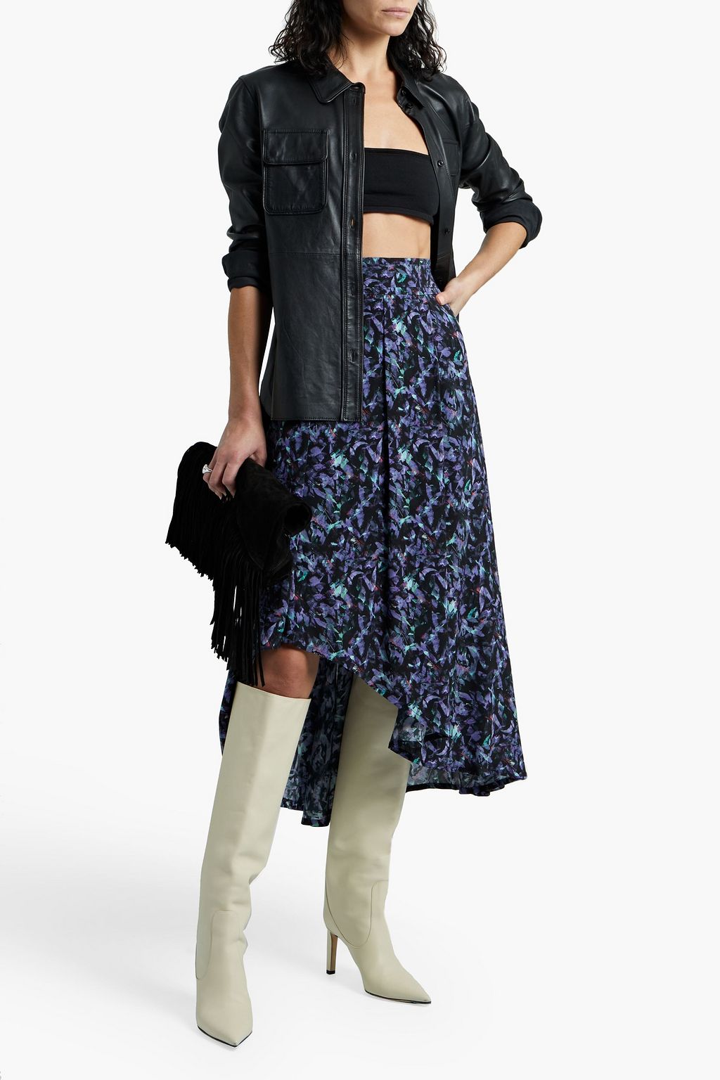 IRO Andye asymmetric printed crepe de chine midi skirt