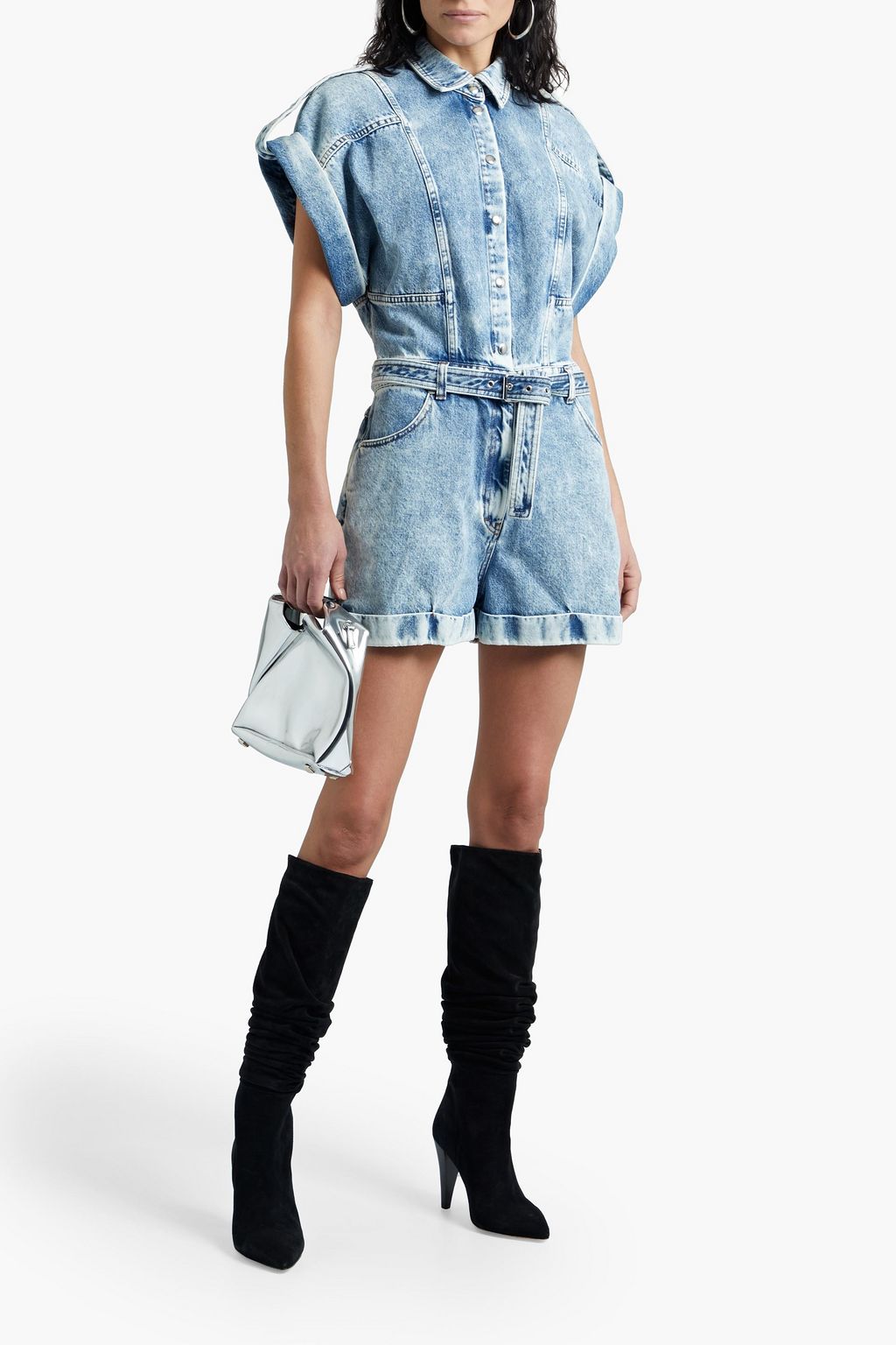 IRO Mondelan belted acid-wash denim playsuit