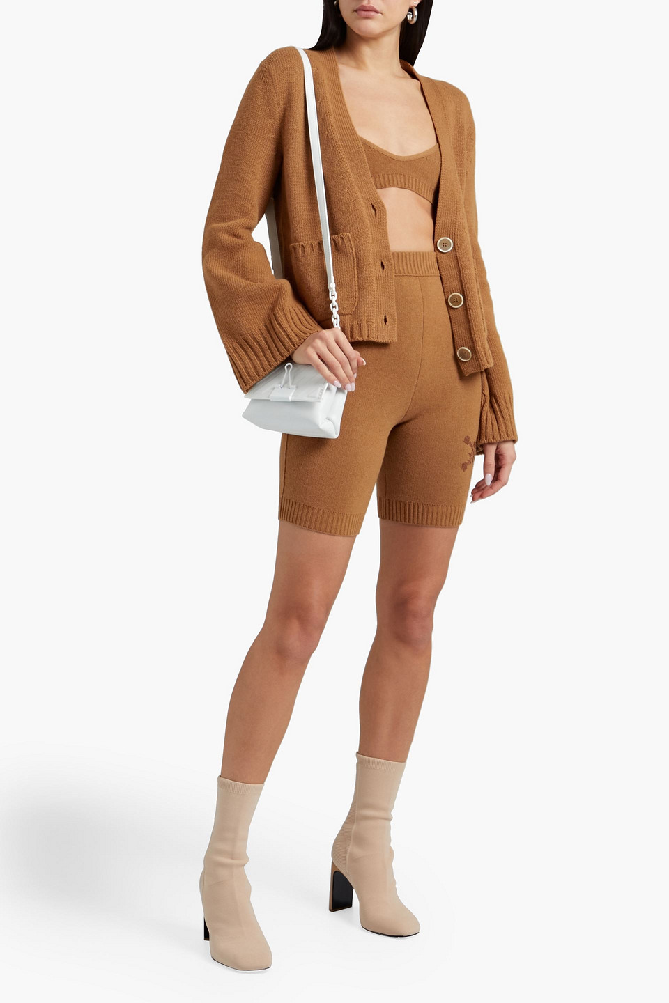 Off-white Embroidered Wool-blend Shorts In Camel