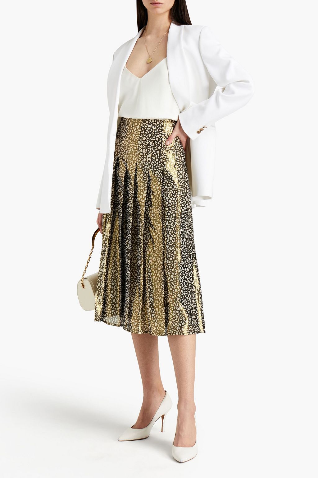 VICTORIA BECKHAM Pleated metallic printed silk-blend midi skirt
