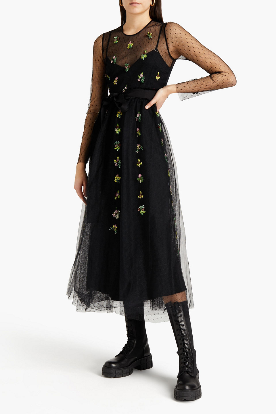 Red Valentino Gathered Embellished Point D'esprit Midi Dress In Black